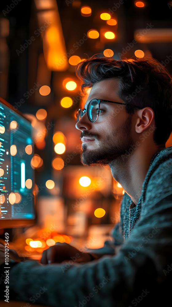 Poster a man with glasses focused on a computer screen amidst warm, glowing lights.