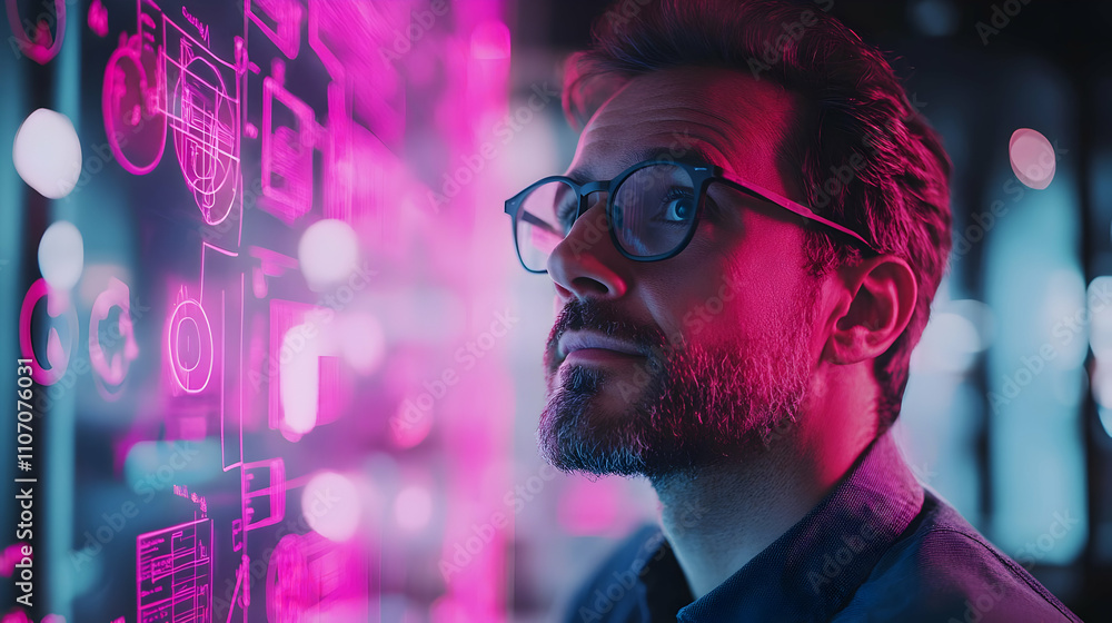 Poster A man gazes thoughtfully at digital data and graphics in a futuristic setting.
