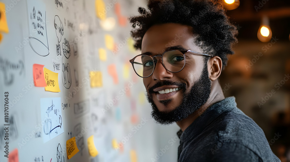 Poster a smiling man stands by a wall filled with colorful notes and sketches, engaged in brainstorming.