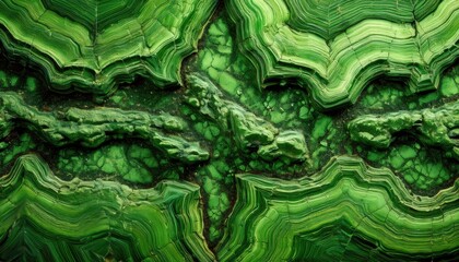 Fototapeta premium An aerial view of green mineral formations, similar to malachite, with abstract and wavy layered patterns that give the appearance of a surreal landscape.