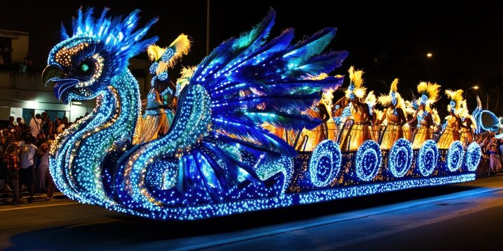 Majestic illuminated bird float with vibrant performers in parade