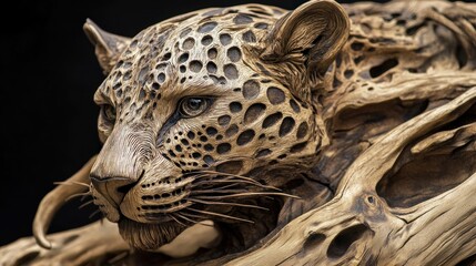 Intricate wooden sculpture of a jaguar's head emerging from a gnarled branch.