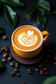 warm cup of coffee with latte art surrounded by coffee beans and leaves