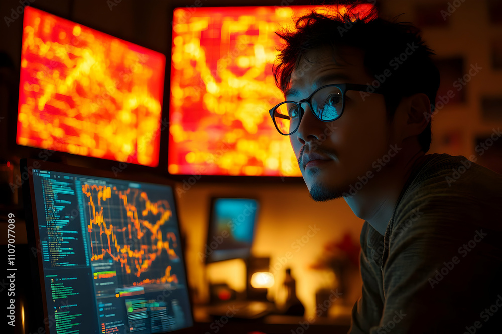 Poster A focused individual working on multiple computer screens displaying data and graphics.