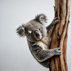 Fototapeta premium A koala bear hanging onto a branch in a minimalist white background.