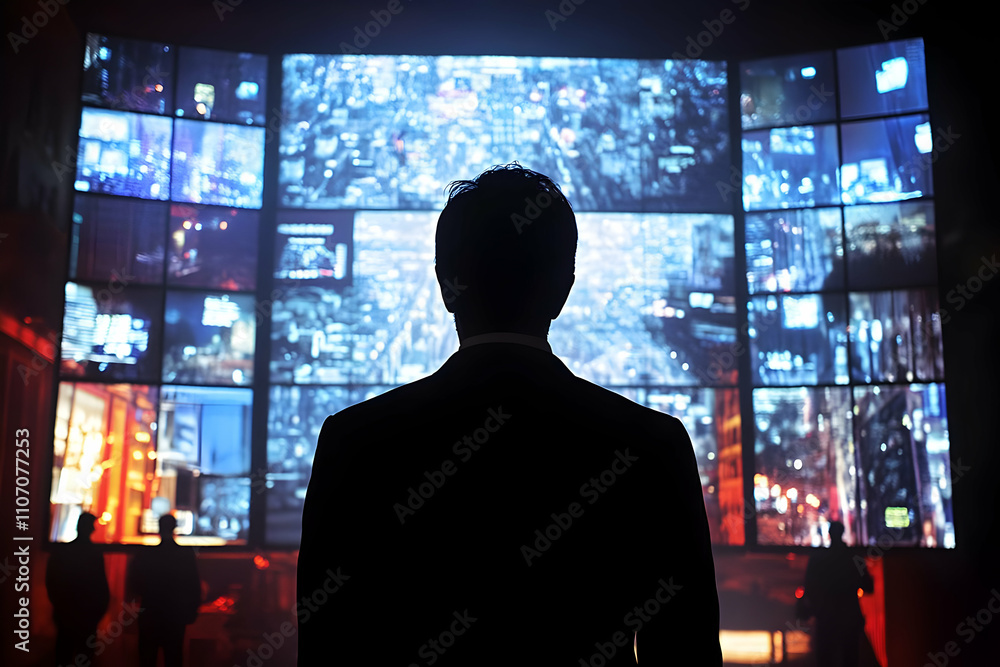 Poster a silhouette of a man in a suit stands before a large screen displaying a cityscape.