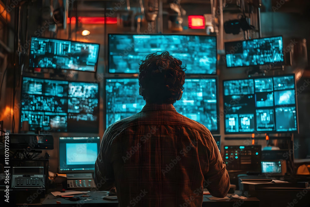 Poster A person monitors multiple screens in a control room, analyzing data and surveillance feeds.