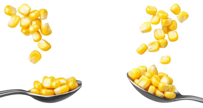 High-Quality PNG of Delicious corn seeds falling into metal spoon, cut out Isolated on White Background – High Resolution