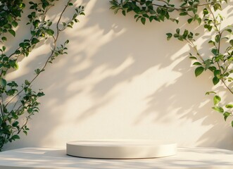 Serene minimal product display featuring a white circular podium surrounded by sun-dappled leaves. Ideal for showcasing beauty, wellness, or lifestyle products.