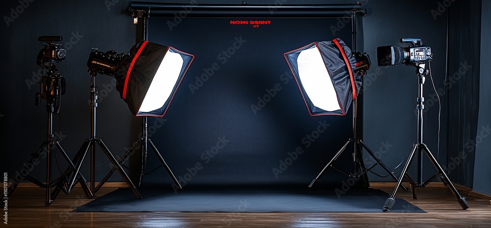 Poster photography studio setup with softbox lights and backdrop.