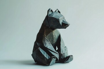 A beautifully crafted origami bear, showcasing intricate folds and a striking black paper finish.