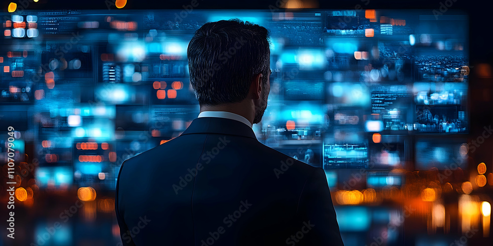 Poster A person in a suit observes digital screens displaying data and information.
