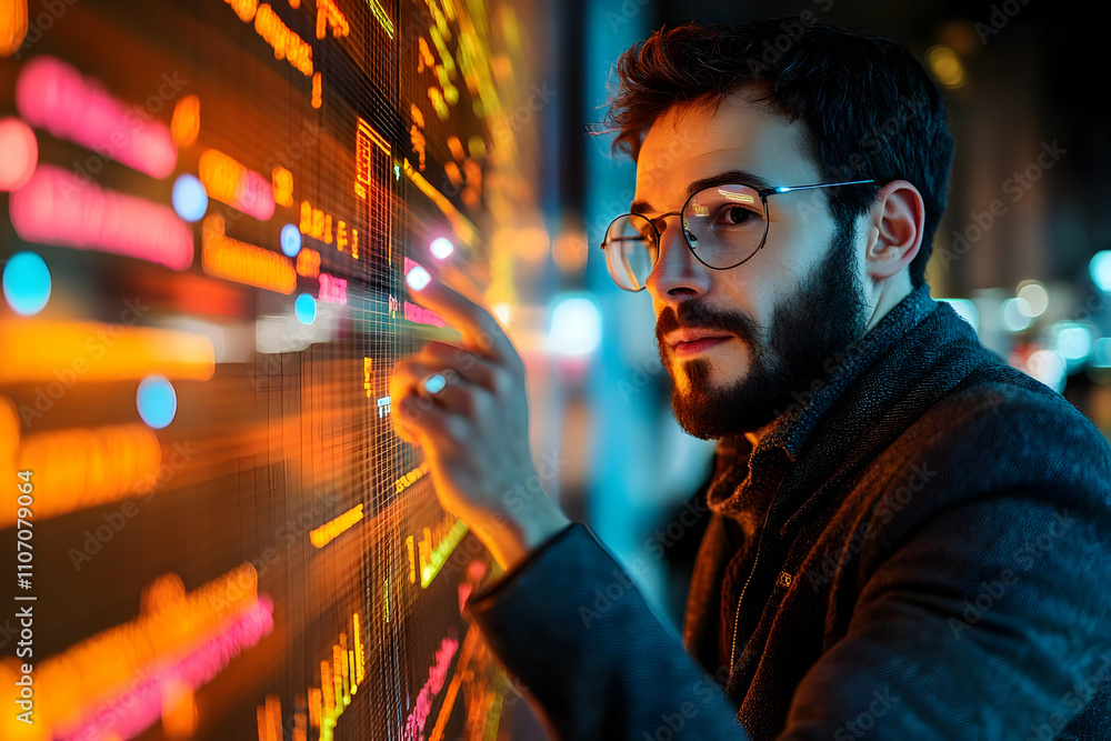 Poster A man interacts with a digital display, analyzing data in a modern setting.