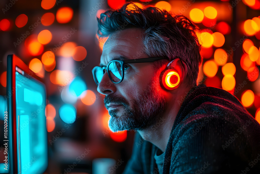 Poster a focused man wearing headphones, illuminated by colorful lights while working on a computer.