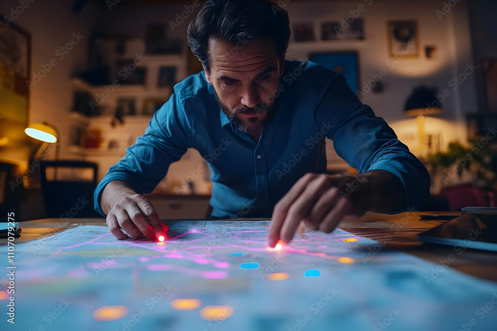 Poster A man analyzing a detailed map with colored dots in a dimly lit room.