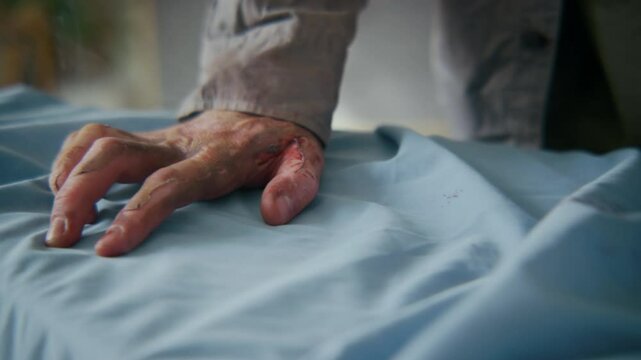 Closeup of unrecognizable living corpse pressing blue business shirt for work at home, burning senseless hand with steaming hot iron, skin peeling, while suffering from burnout and mental fatigue