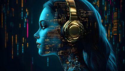 Obraz premium Profile of a cyborg woman with golden headphones against a digital background