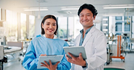 People, scientist and smile with tablet or clipboard at laboratory on meeting for medical research and results. Employees, portrait and collaboration with drug trial and vaccine report in Japan