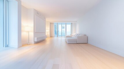 Open Space A living room with minimal furniture, a light wood floor, and a large abstract painting, creating a sense of calmness and spaciousness.