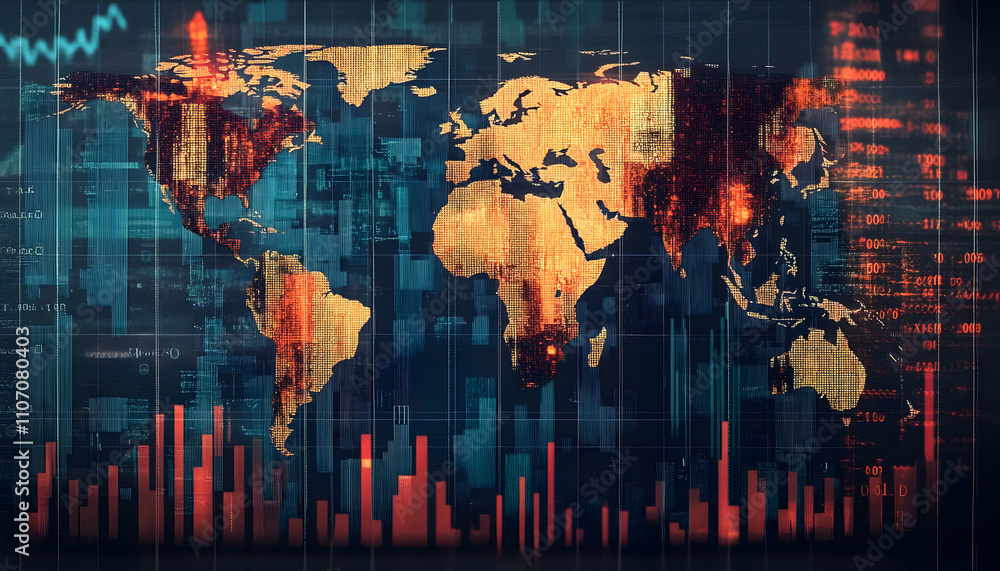 Poster a world map superimposed on a chart of financial data