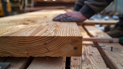 Workers using sustainable wood to construct the outdoor patio promoting responsible forestry practices.