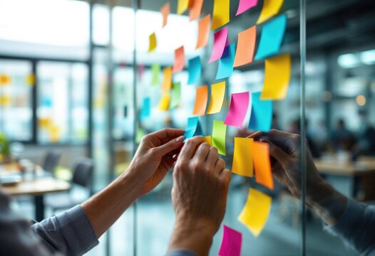 A person is sticking colorful sticky notes on a glass wall