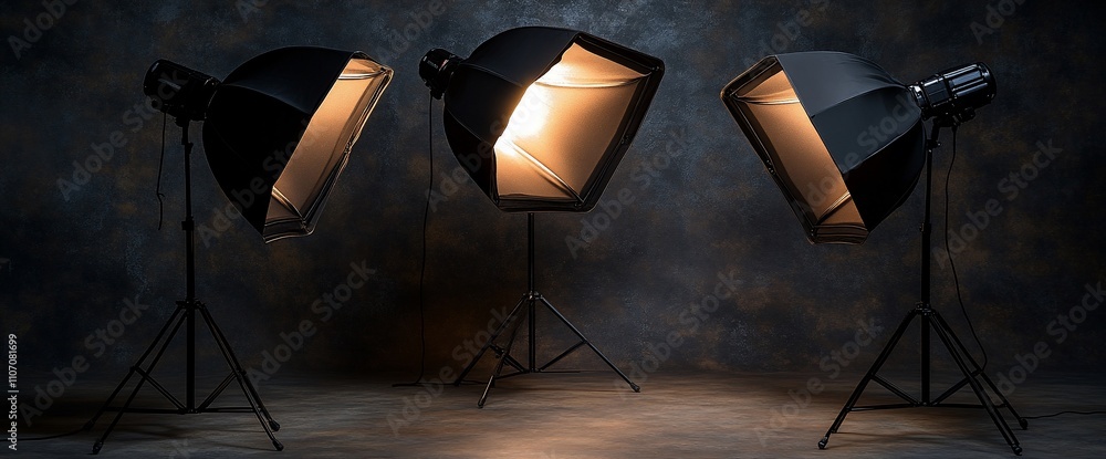 Poster three studio lights set up for photography against a textured backdrop.