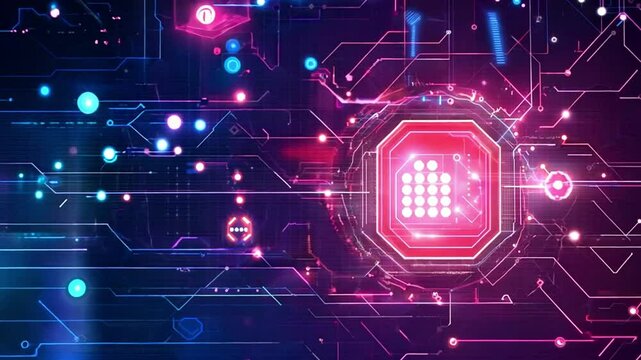 Abstract Digital Network with Neon Icons and Data Flow