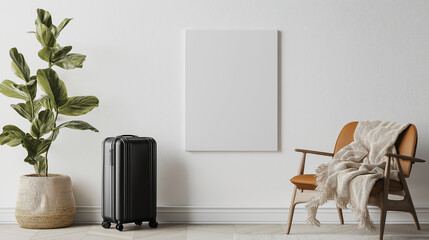 Fototapeta premium Blank canvas mounted on a white wall, with a chair and a cozy throw blanket placed nearby