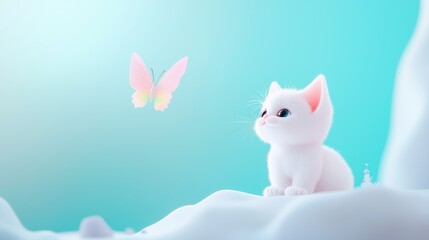 Cute Animals with Rainbows A playful cartoon kitten with wide eyes, batting at a rainbow colored butterfly against a backdrop of a whimsical, pastel colored landscape.