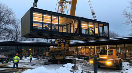 Modular construction scene with crane lifting prefabricated glass-walled module onto structure in snowy environment