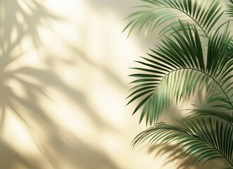 Obraz premium Serene palm fronds cast delicate shadows on a beige background, creating a minimalist tropical backdrop ideal for design projects or social media.
