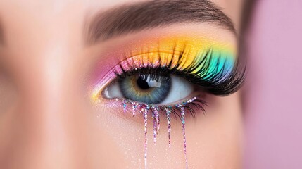 Obraz premium Eye Makeup Art Close up of an eye with rainbow colored false eyelashes and sparkling glitter, adding a touch of drama and glamour to the makeup look.