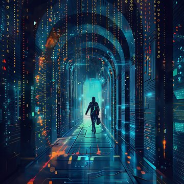 Cyberpunk futuristic tunnel with human figure and binary code.