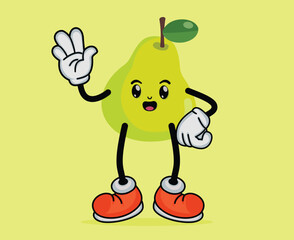 Pear Fruit Cartoon Mascot Waving Hand with Happy Expression in Flat Cute Cartoon Style or Pear Fruit Cartoon Mascot with Arms and Legs