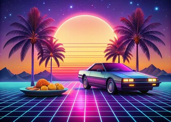 Retro Futuristic Synthwave Food Photography: 80s Style Car, Sunset, Palm Trees, Purple Grid, Neon Lights, and Vaporwave Aesthetic for Music Cover Art Inspiration
