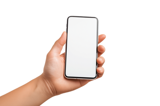 Hand holding a smartphone with a blank screen, isolated on a transparent background