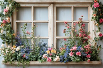 Naklejka premium Floral Window Box: A Rustic Spring Garden Delight