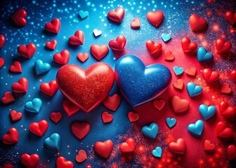 Obraz premium Romantic Conceptual Photography of Red and Blue Background with Hearts for Valentine's Day Celebrations, Evoking Love and Emotion in a Beautifully Arranged Composition