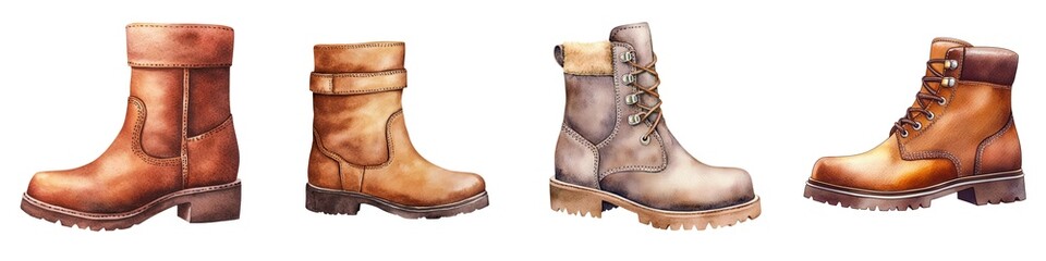 Winter snow collection. Footwear collection of stylish leather boots ,isolate on white background.