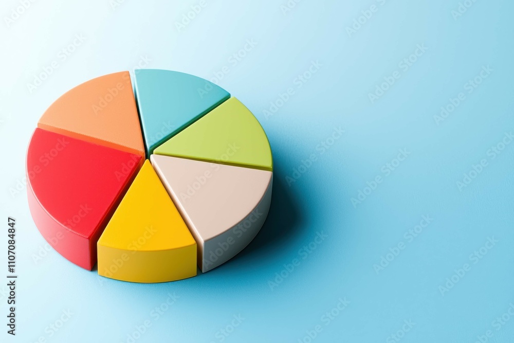 Poster a vibrant pie chart with six colorful segments on a light blue background, symbolizing data represen
