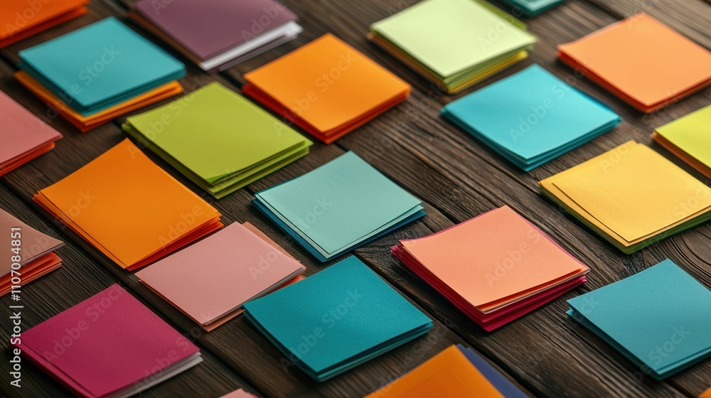 Poster a vibrant collection of sticky notes in various colors arranged neatly on a wooden surface, perfect 