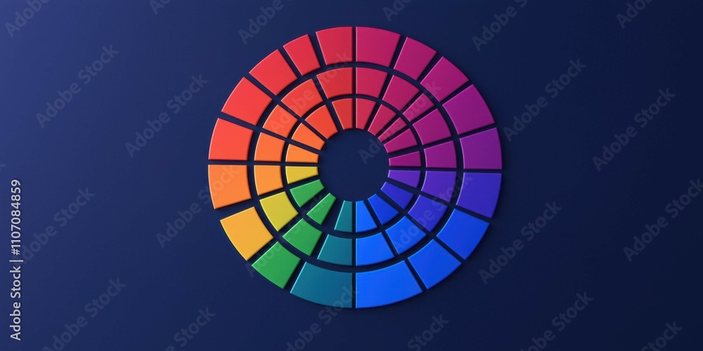 Poster a vibrant circular color wheel showcasing a spectrum of hues arranged in a grid pattern against a da