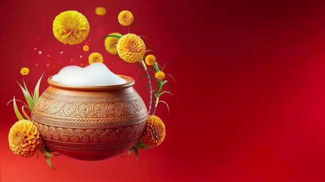 3D render golden Pongal pot, over flow Pongal foam from the pot with the leaf and rice surround it, luxury, minimal  style video
