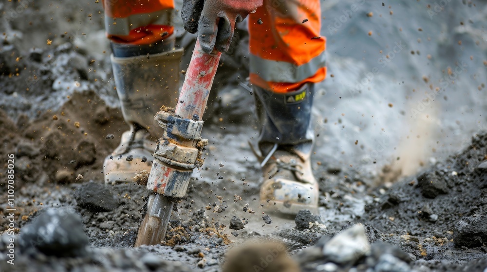 Poster a worker using a jackhammer to break through the hard earth for a new utility line.
