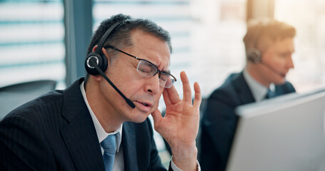 Office, computer and businessman with headache for call center, muscle tension and stress for...