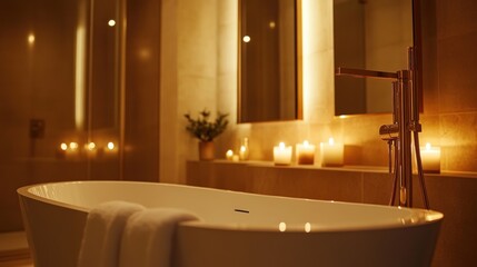 Luxurious bathroom with freestanding bathtub, candles, and warm lighting.