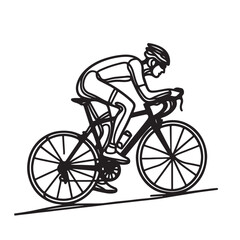 Fototapeta premium One continuous single drawing black line art doodle of a cyclist pedaling a road bike uphill, illustration on white background