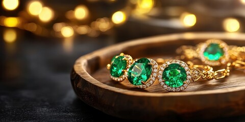 Elegant emerald jewelry displayed on a sleek profile, showcasing sustainable luxury and rich design.