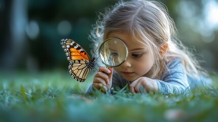 Curious child exploring nature with magnifying glass and butterfly